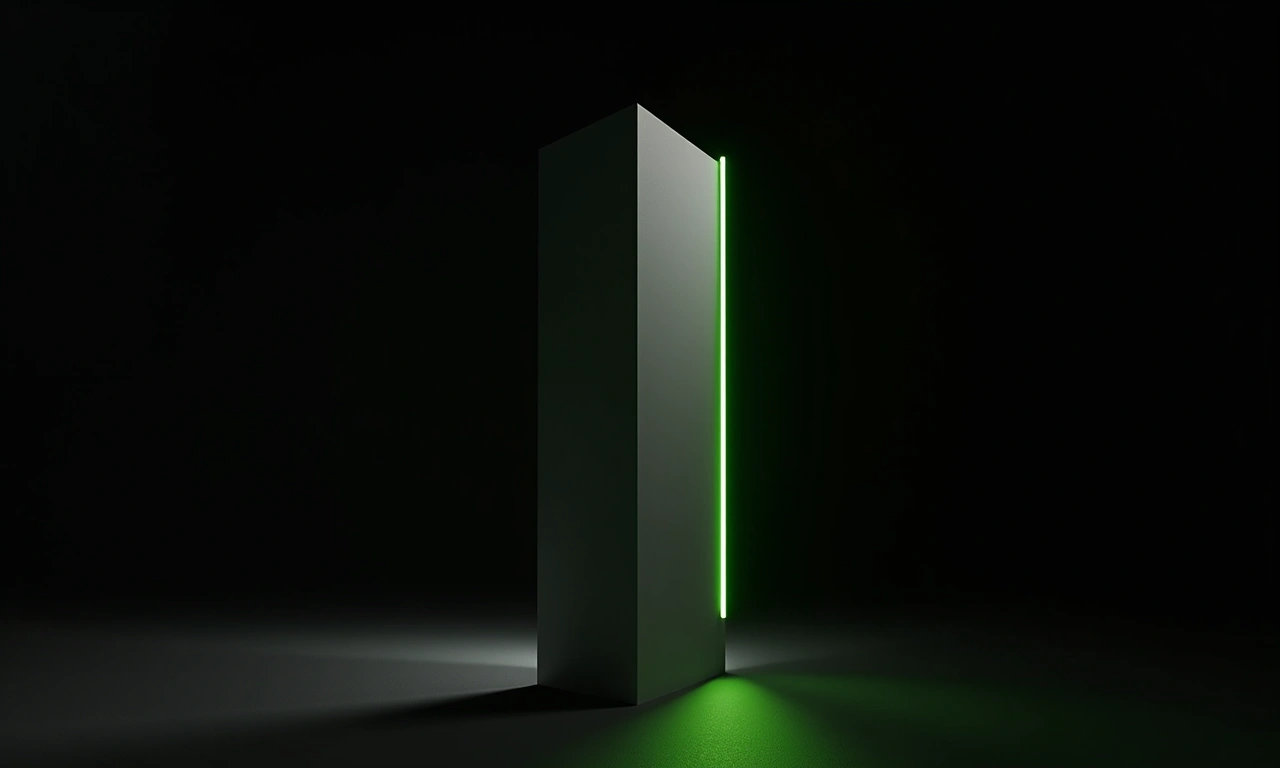 Geometric monolith half in shadow half in light with green contrast seam