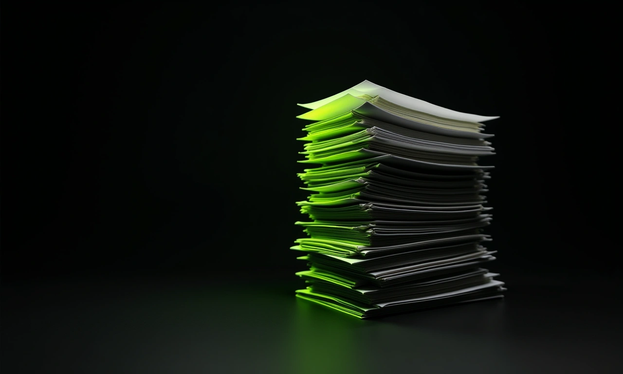 Layered architectural blueprint sheets stacked with green edge accent