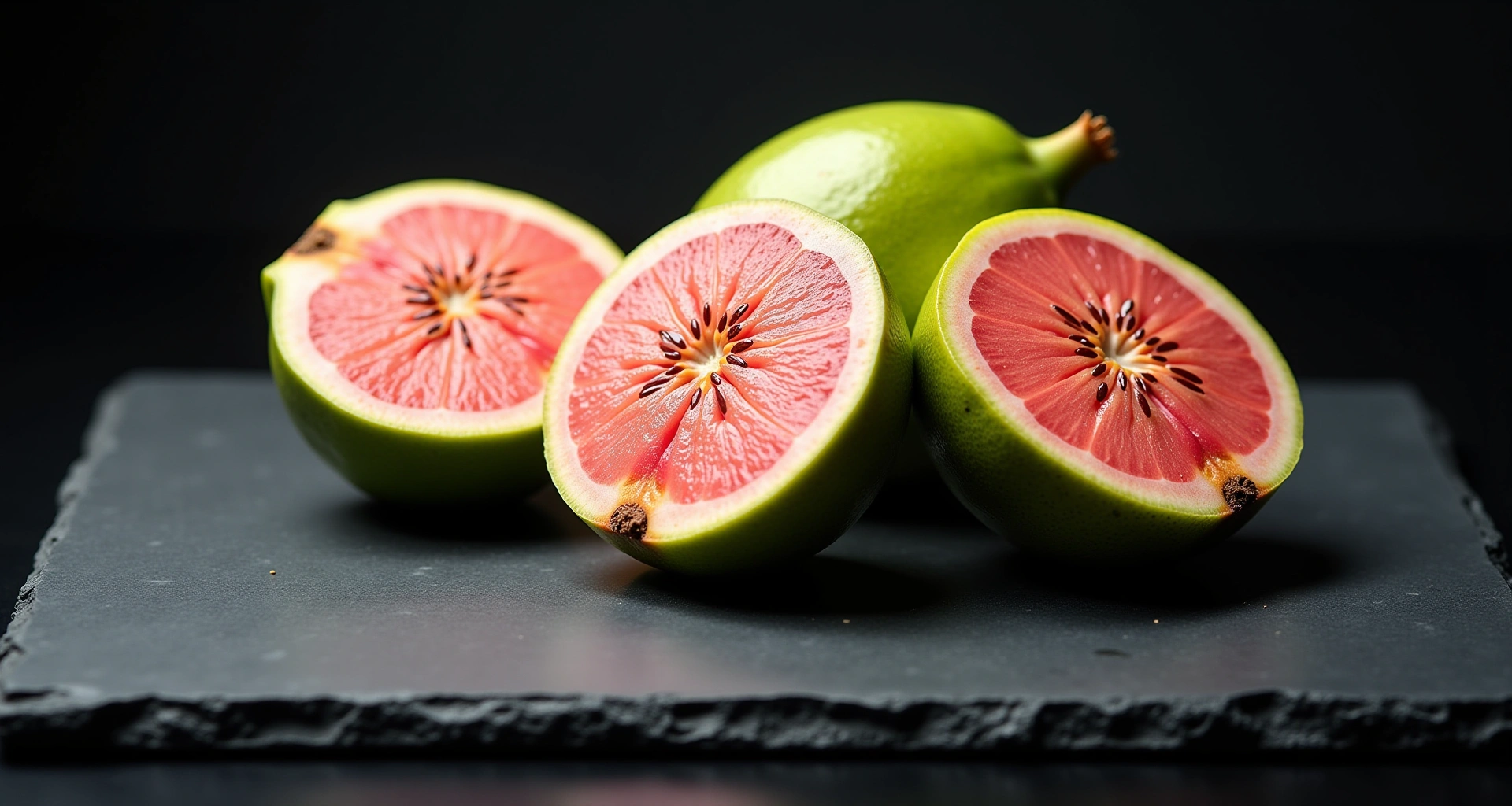 Three ripe guava halves on black slate — Tampa's Big Guava brand anchor